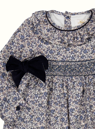 Victoria Smocked Long Sleeve Dress in Navy
