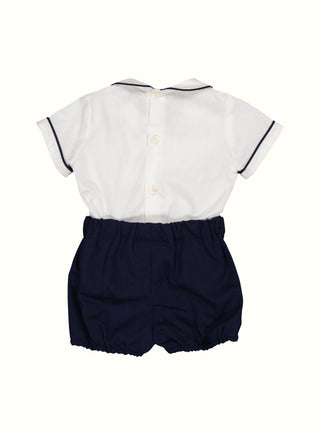 Hand Smocked Peter Pan Collar Set in White & Navy
