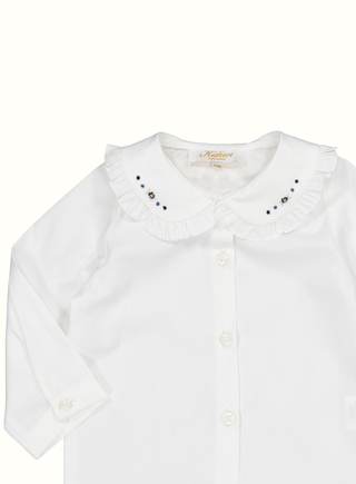 Helena Girl White Blouse with Navy Embroidery
