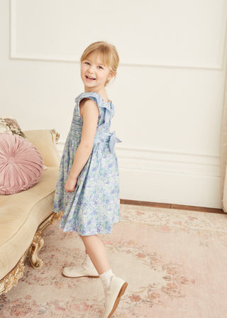 Hetty Floral Ruffle Collar Smocked Dress in Blue
