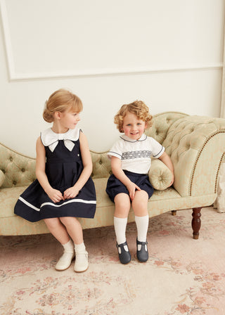 Hand Smocked Peter Pan Collar Set in White & Navy
