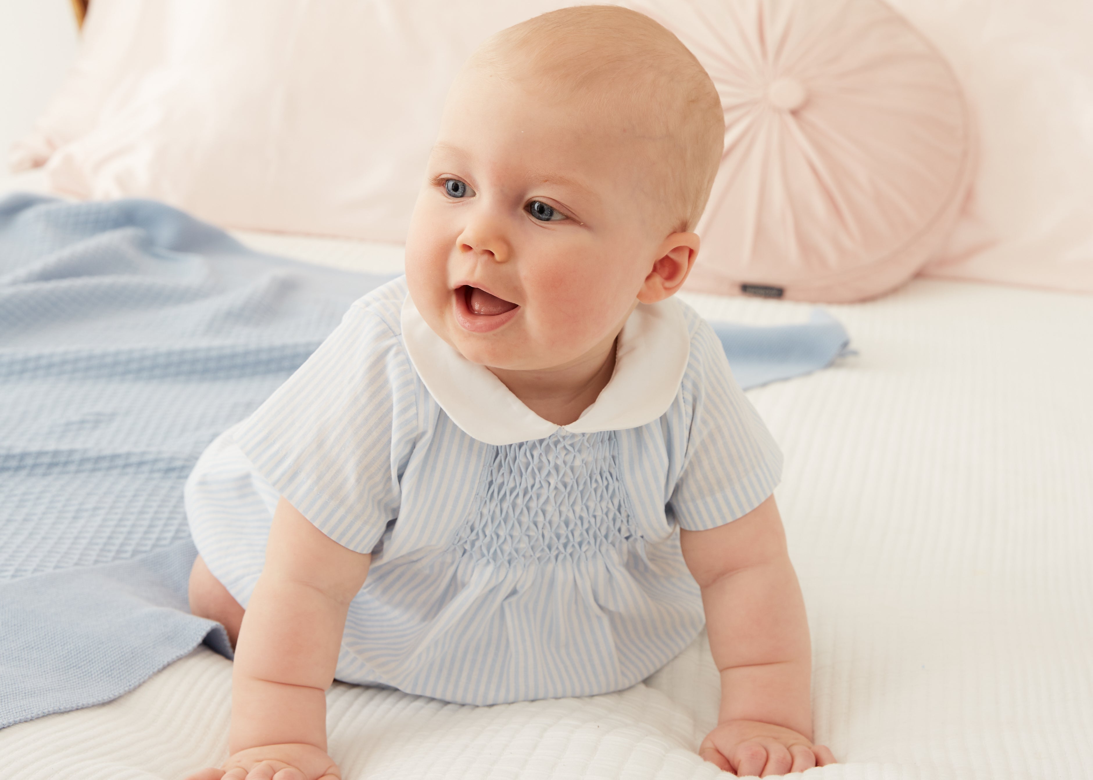Hand-Smocked Stripe Romper in Blue – Mimi's London