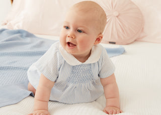 Hand Smocked Stripe Romper in Blue

