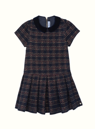 Girls Navy Blue & Red Check Sparkly Tweed Dress (4Y 6Y)
