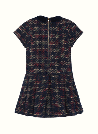 Girls Navy Blue & Red Check Sparkly Tweed Dress (4Y 6Y)
