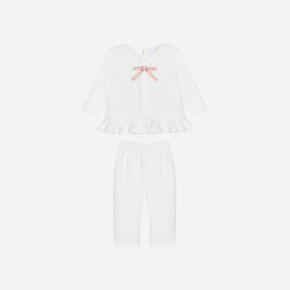 Ivory Jersey Trouser Set with Pink Bow
