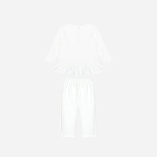 Ivory Jersey Trouser Set with Pink Bow
