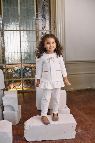 Ivory Jersey Trouser Set with Pink Bow
