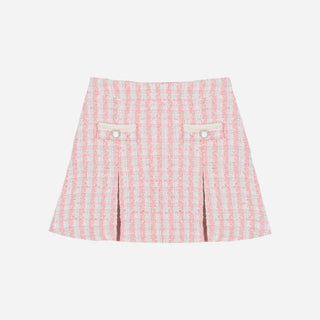Ivory Roll Neck Jumper & Pink Tweed Skirt Set
