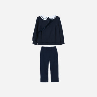 Girls Navy Blue Cotton Jersey Trouser Set with Shoulder Bag
