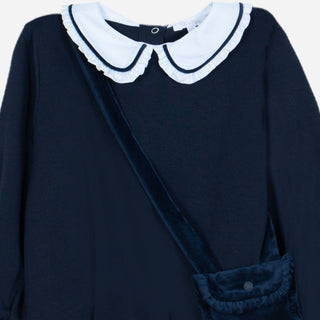 Girls Navy Blue Cotton Jersey Trouser Set with Shoulder Bag
