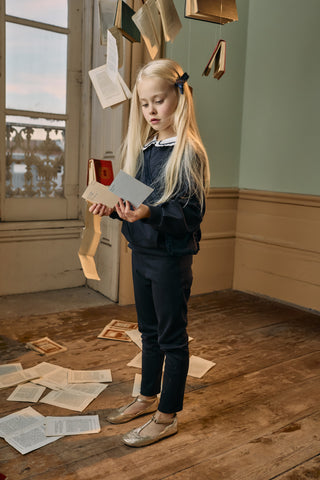 Girls Navy Blue Cotton Jersey Trouser Set with Shoulder Bag
