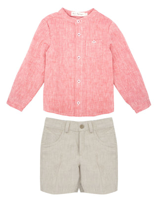 Red Long Sleeve Shirt with Linen Shorts   Set (3Y 6Y)
