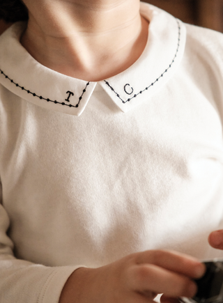 Ivory & Navy Long Sleeved Bodysuit with Pointed Collar
