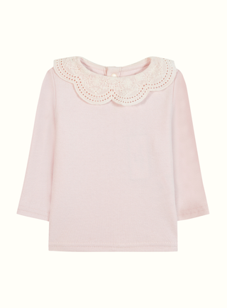 Girls Pink Ribbed Cotton Jersey Top with Lace Collar (3M 4Y)
