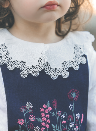 Girls Navy Floral Embroidered Dress with Braces (12M 3Y)
