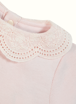 Girls Pink Ribbed Cotton Jersey Top with Lace Collar (3M 4Y)
