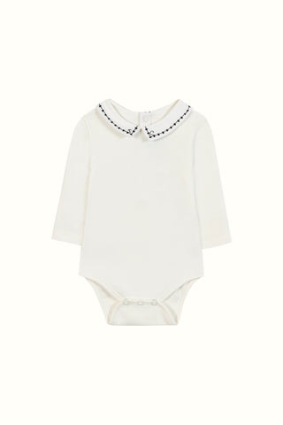 Ivory & Navy Long Sleeved Bodysuit with Pointed Collar
