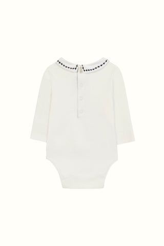 Ivory & Navy Long Sleeved Bodysuit with Pointed Collar
