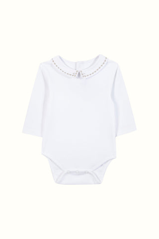 White & Grey Long Sleeved Bodysuit with Pointed Collar
