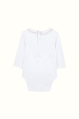 White & Grey Long Sleeved Bodysuit with Pointed Collar

