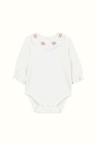 Ivory Bodysuit with Hand Embroidered Floral Collar in Pink
