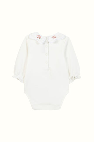 Ivory Bodysuit with Hand Embroidered Floral Collar in Pink
