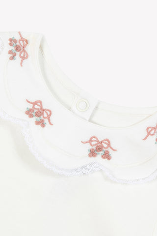 Ivory Bodysuit with Hand Embroidered Floral Collar in Pink
