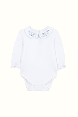 Ivory Bodysuit with Hand Embroidered Floral Collar in Light Emerald Green
