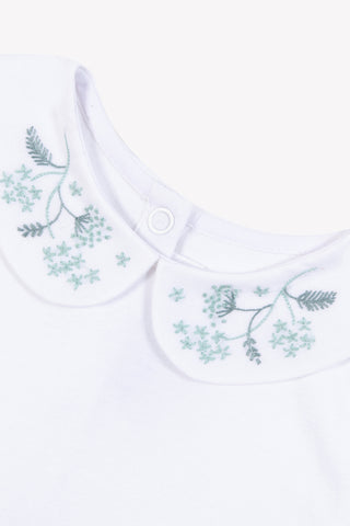 Ivory Bodysuit with Hand Embroidered Floral Collar in Light Emerald Green
