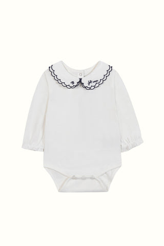 Double Collar Bodysuit in Ivory with Navy Trim
