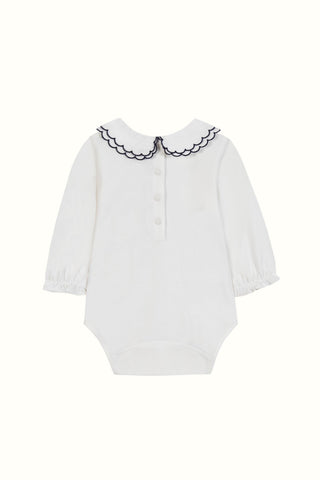 Double Collar Bodysuit in Ivory with Navy Trim

