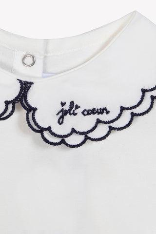 Double Collar Bodysuit in Ivory with Navy Trim
