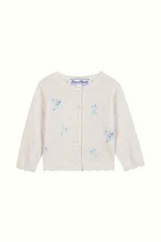 Girl Beige Wool & Cashmere Cardigan with Floral Embroidery in Light Emeral Green

