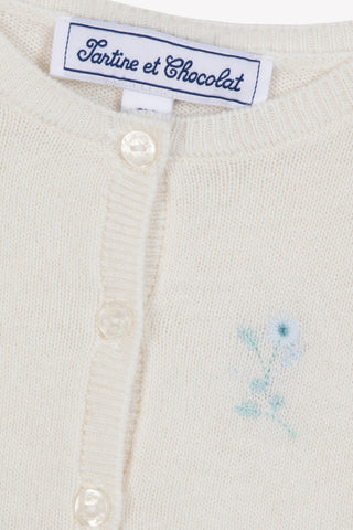 Girl Beige Wool & Cashmere Cardigan with Floral Embroidery in Light Emeral Green
