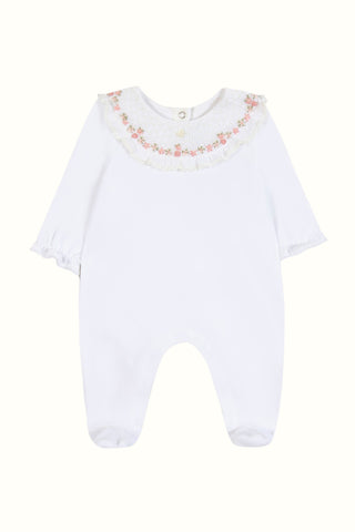 White Velour Rose Smocked Collar Babygrow
