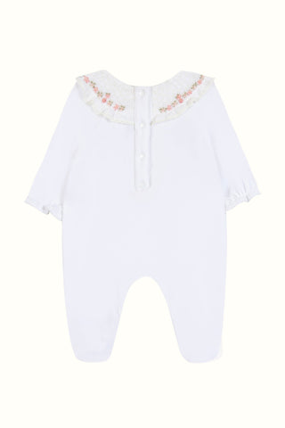 White Velour Rose Smocked Collar Babygrow

