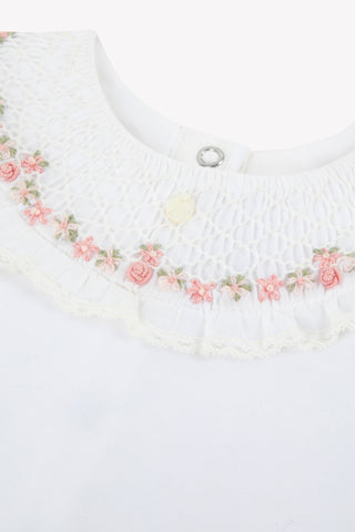 White Velour Rose Smocked Collar Babygrow
