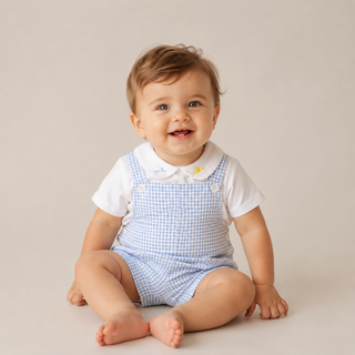 Embroidered Peter Pan Collar Shirt  with Gingham Dungarees in Blue   Set (3M   18M)
